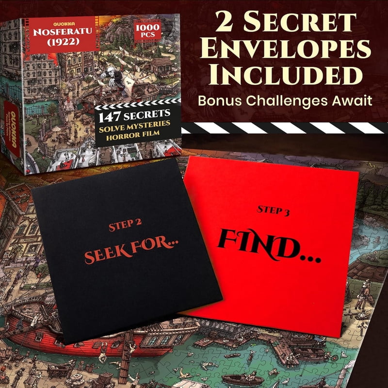 Quokka 1000 Piece Puzzle for Adults – Nosferatu 1922 Horror Movie Inspired Jigsaw – 147 Hidden Mysteries, 2 Secret Envelopes for Extended Experience