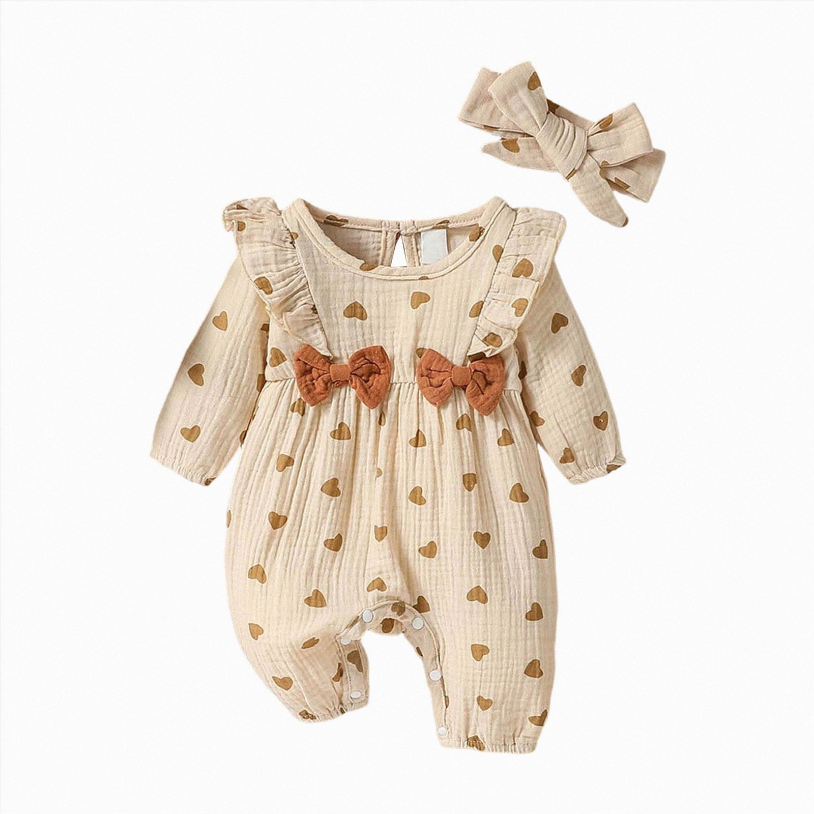 Kogui Spring Baby Girl Clothes Infant Newborn Baby Girl Clothes Rompers Long Sleeve Ruffle Baby Clothes with Headband Baby Clothes 0 3 6 9 12 18 Months (Khaki Newborn)