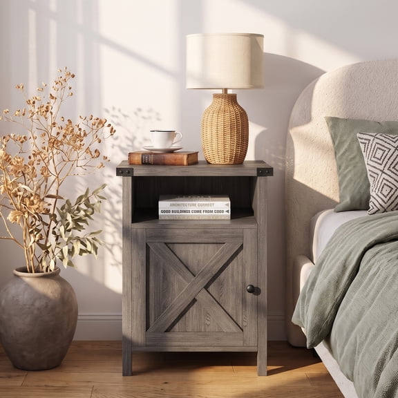 Catrimown Farmhouse Nightstand, Side Table, End Table with Barn Door and Shelf, Rustic Modern Bed Night Stand for Bedroom, Living Room, Grey Wash