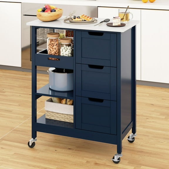 Uforic Kitchen Storage Cart with Drawers & Open Shelves, Rolling Kitchen Island, Blue