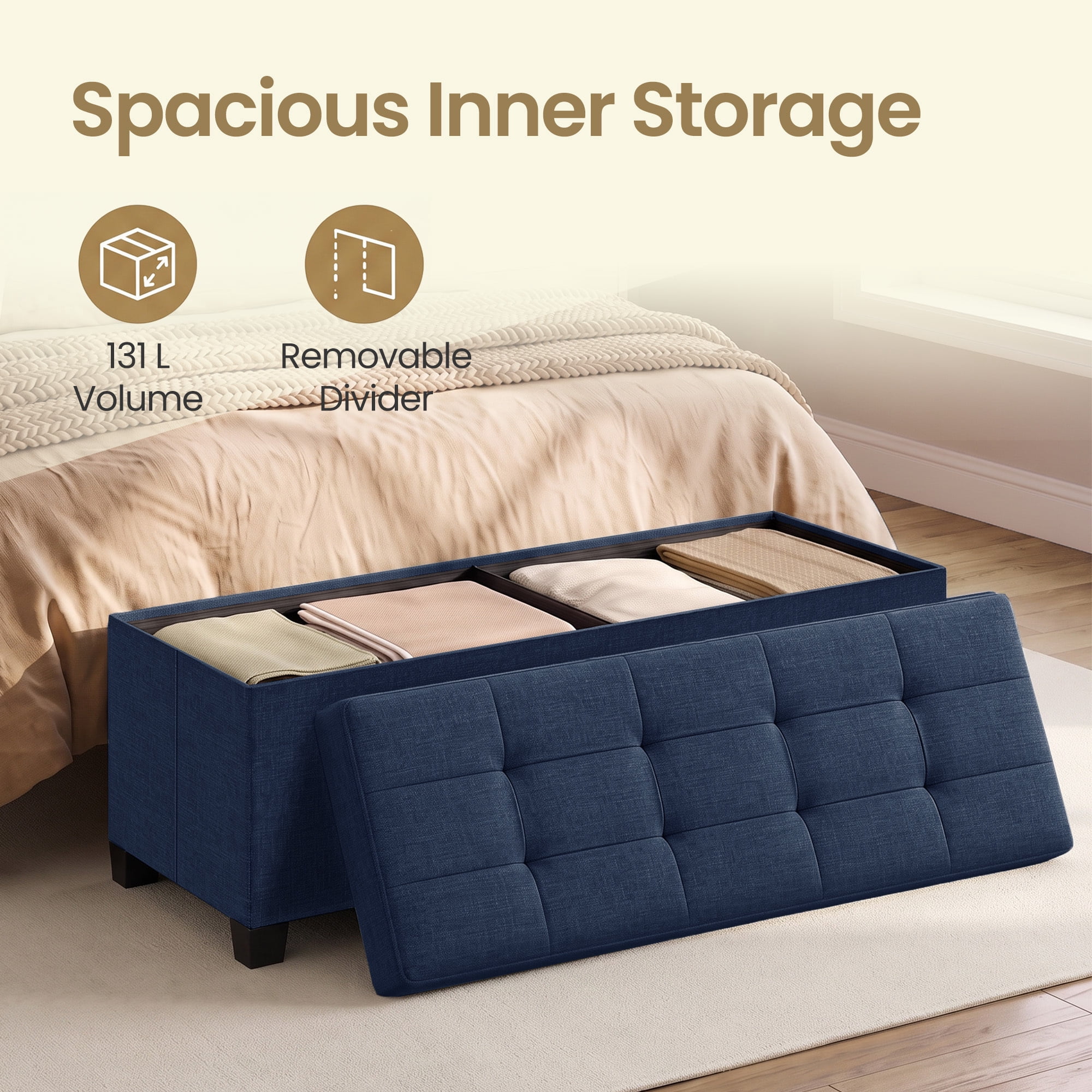 Ledrem Midnight Blue Linenette Fabric Folding Storage Ottoman Bench with Footrest, Large