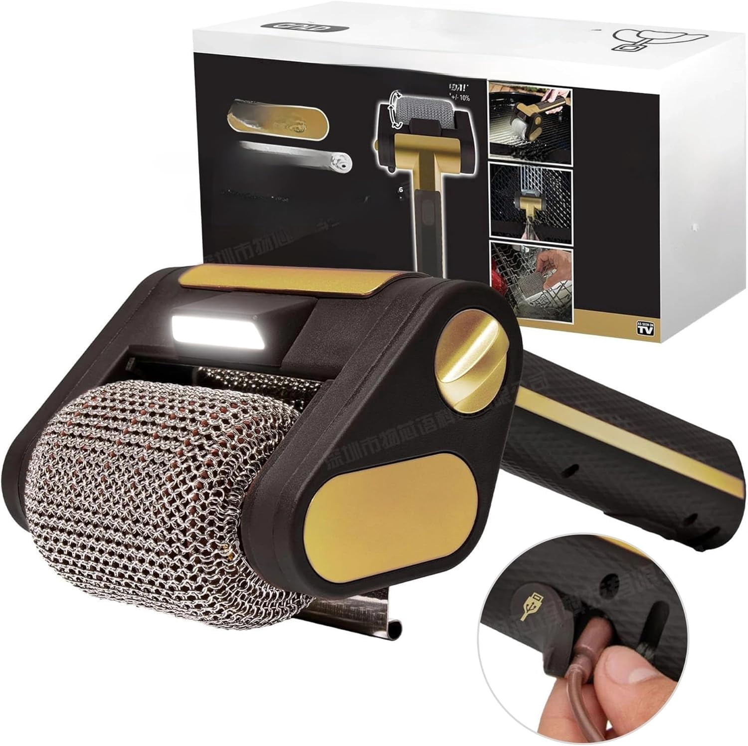 Stainless Steel 304 LED BBQ Roller Brush, Bristle-Free Grill Cleaner with LED Light, Rechargeable 4000mAh Battery