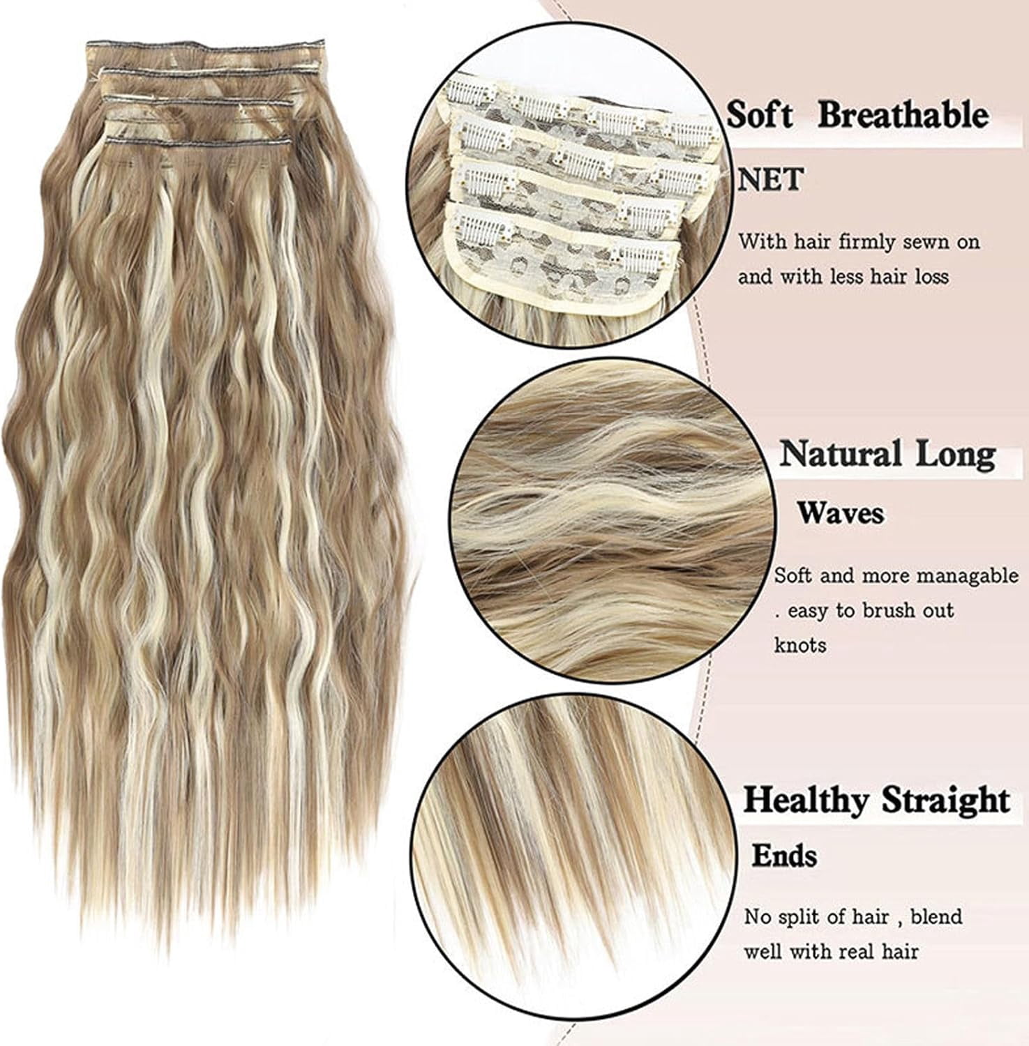 Aorsher Clip in Hair Extensions Thick Long Wavy Hair Extensions Upgrade Soft Lace Weft Layered Hair Extensions 20Inch 4PCS Ash Blonde Full Head Hairpiece