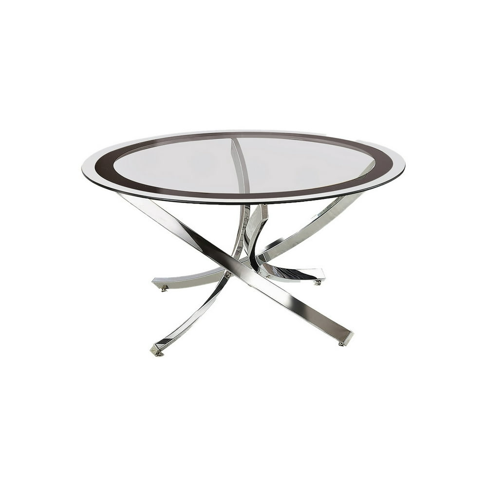 Round Tempered Glass Top Coffee Table with Metal Legs, Silver and Clear