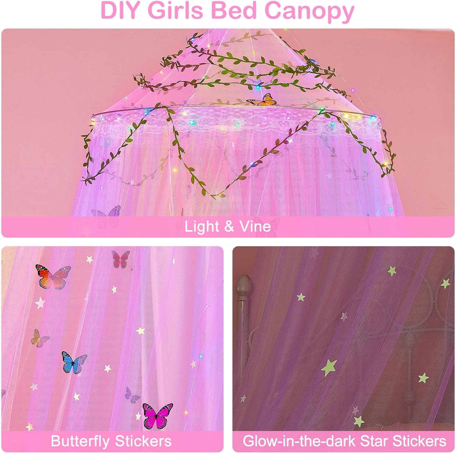 CAILDANL Bed Canopy for Girls Room Bed Canopy Curtains with Led Lights Mosquito Net DIY Princess Room Décor with Stars Butterflies for Kids Bedroom, Hot Pink