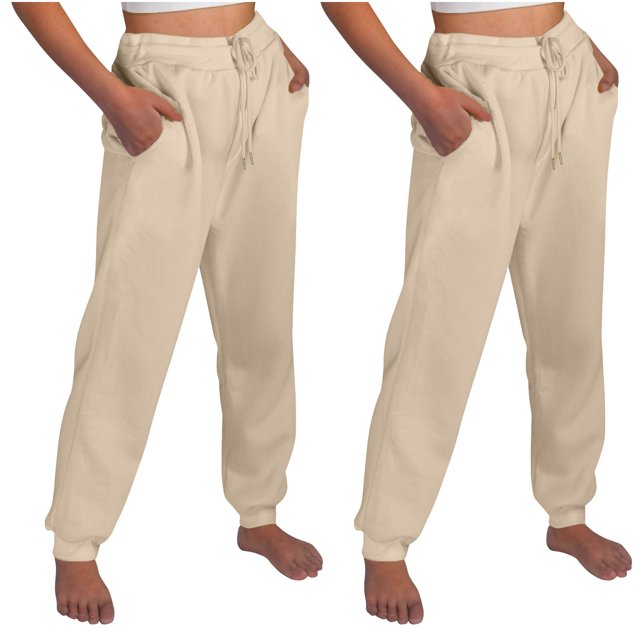 AherBiu 2PCS Joggers for Women Fleece Drawstring Solid Color Casual Sweatpants with Pockets Fall Winter Workout Gym Running Trousers