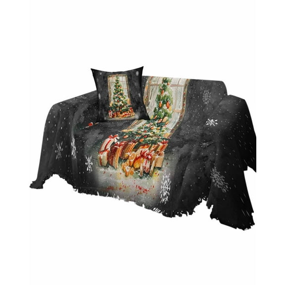 Black Christmas Tree Sofa Couch Covers for Dogs, Washable Sectional Couch Slipcovers for Loveseat with Tassels, White Snowflake Watercolor Funny Winter Non Slip Sofa Throw Cover Blanket L 71''x102''