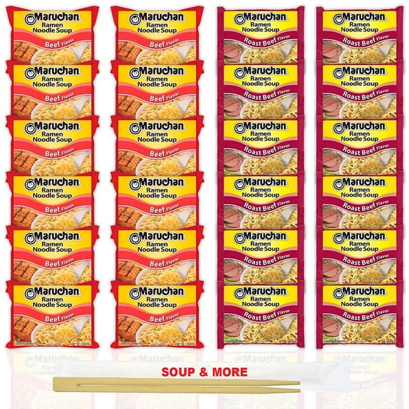 Maruchan Ramen Instant Noodle Soup Variety, 2 Flavors - 12 Packs Beef & 12 Packs Roast Beef , 3 Ounce Single Servings Lunch / Dinner Variety