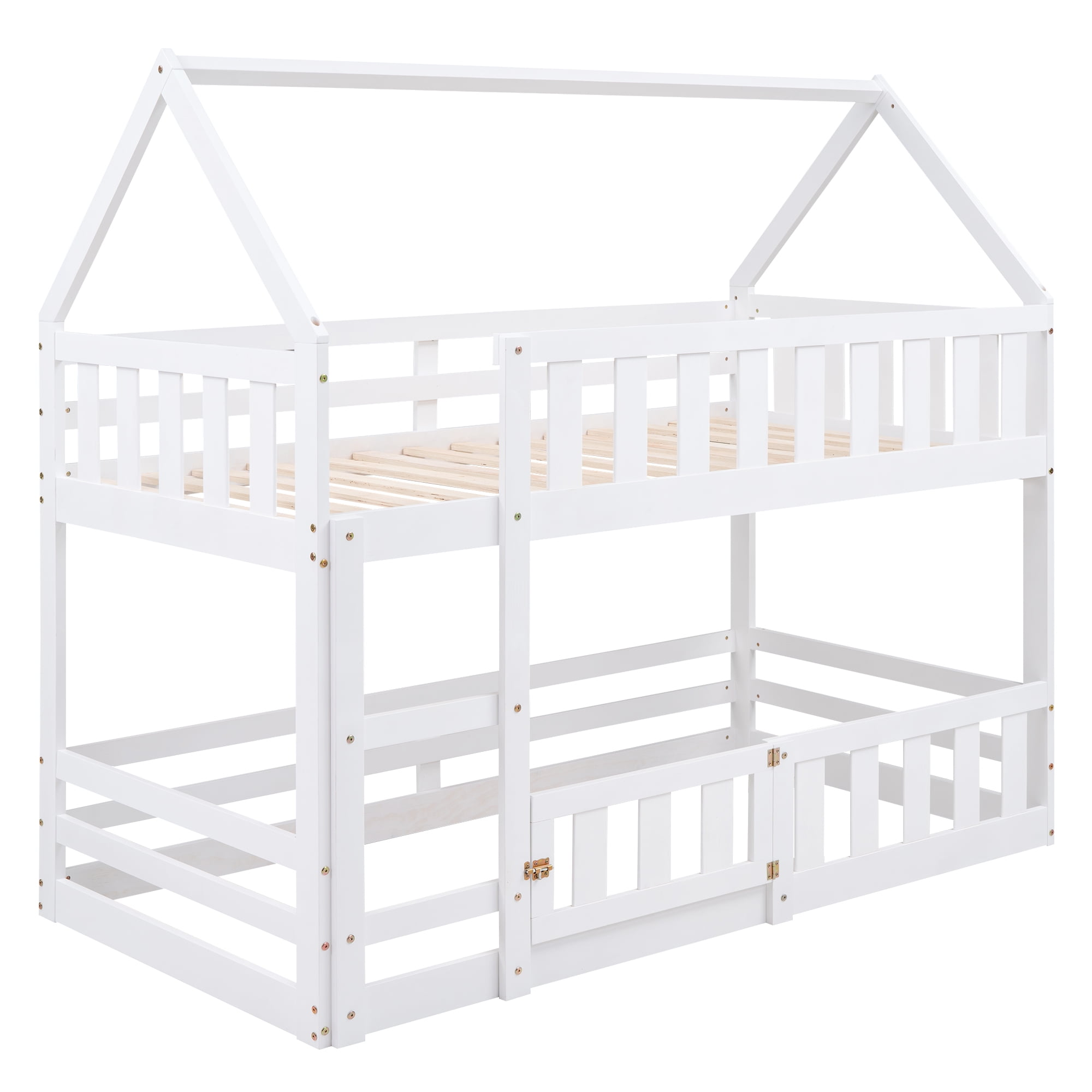 Aukfa Twin-over-Twin Bunk Bed with Fence and Door, Solid Wood House Bunk Bed for Kids Toddy - White