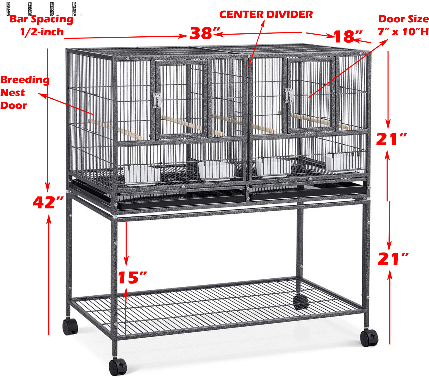 42" Stackable Center Sturdy Wrought Iron Divided Breeder Breeding Bird Flight Rolling Cage With Side Breeding Nest Doors for Canaries Cockatiels Lovebirds Finches Budgies Small Parrots