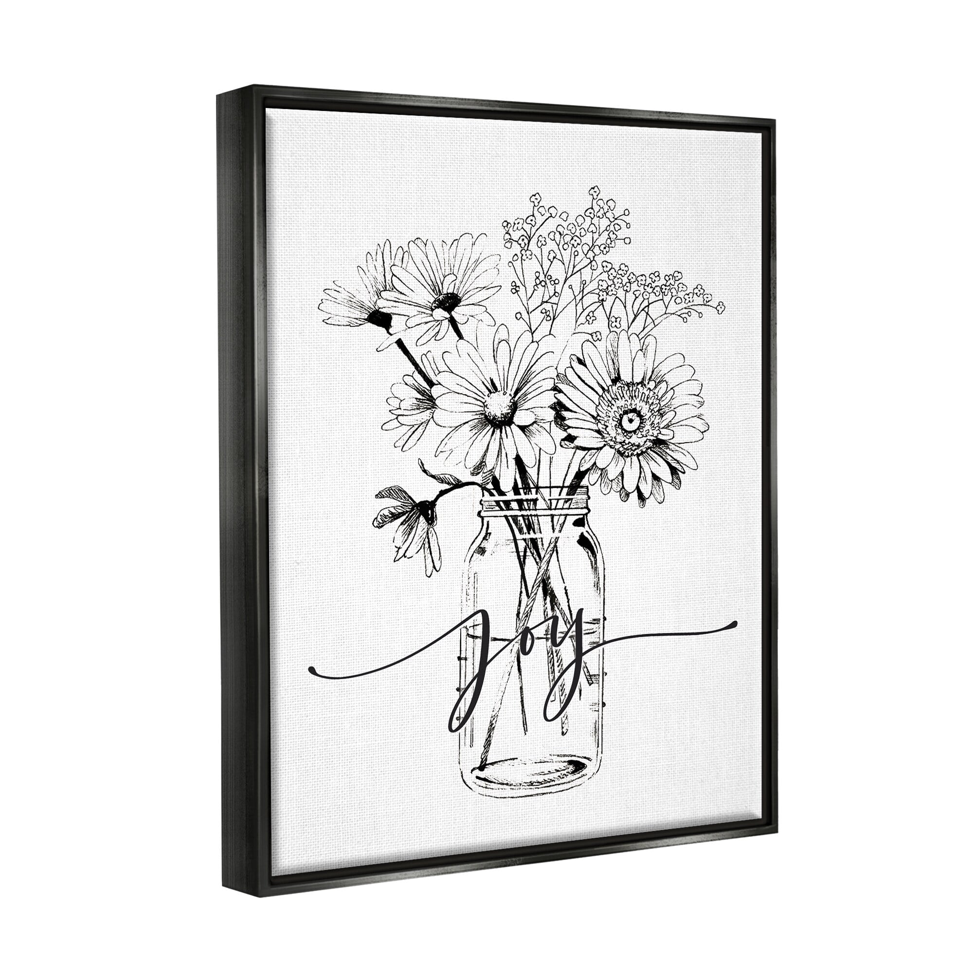 Stupell Industries Joy Text Daisies Bouquet Detailed Line Design Graphic Art Jet Black Floating Framed Canvas Print Wall Art, Design by Lettered and Lined