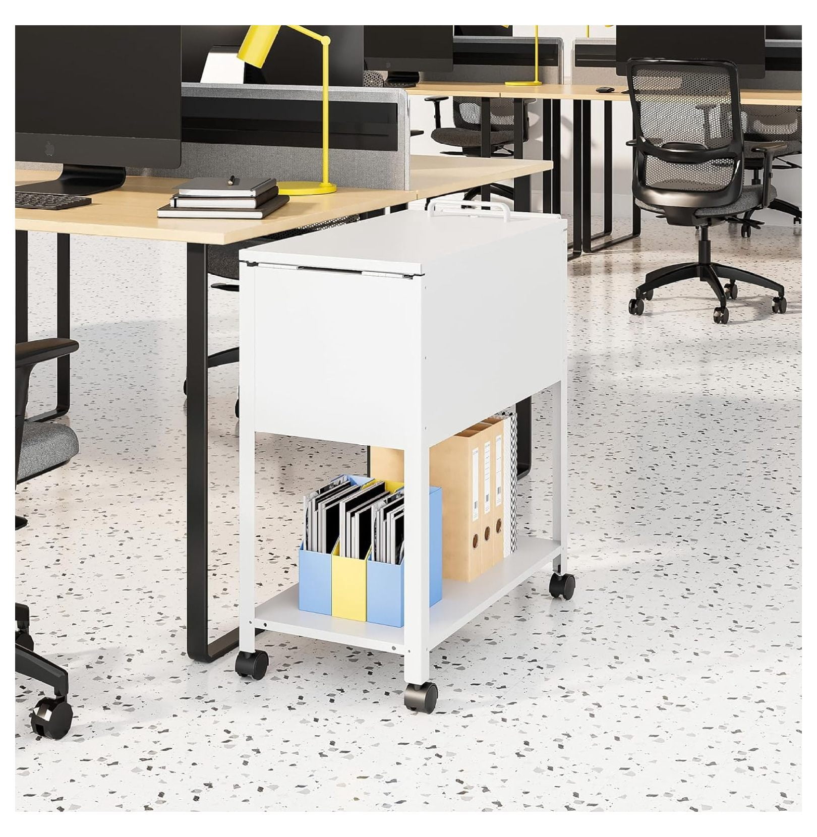 Mobile File Cart, 2-Tier Rolling File Cart with Wheels Hanging Files, Metal File Cabinet with Lock and Sliding Covers for A4/Letter/Legal Size, White