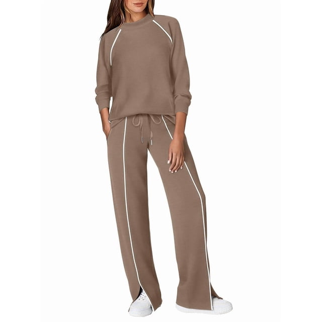 Conjuntos de Salón para Mujer, Conjuntos de 2 Piezas para Otoño, Pantalones Anchos, Conjuntos A Juego, Ropa de Mujer Caqui L