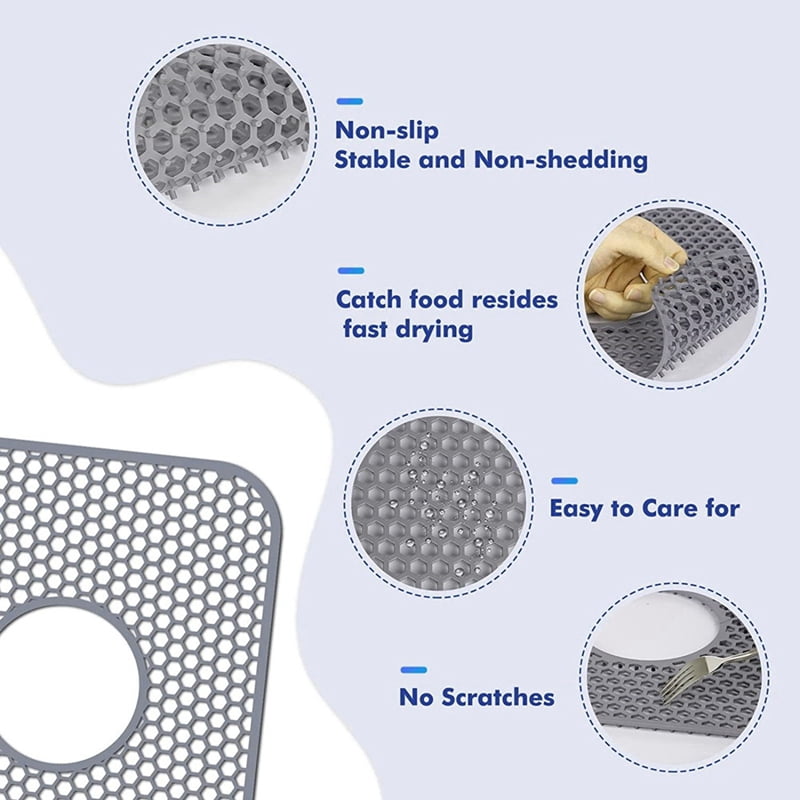 Silicone Sink Mat, 2 Pack Sink Protectors for Kitchen Sink with Rear Drain, Folding Non-Slip Heat Sink Mat