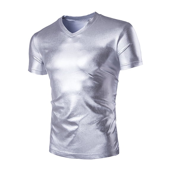 Mens Tee Shirts Short Sleeve V-Neck Shirt Loose Fit Silver T Shirts Men Casual Shirt