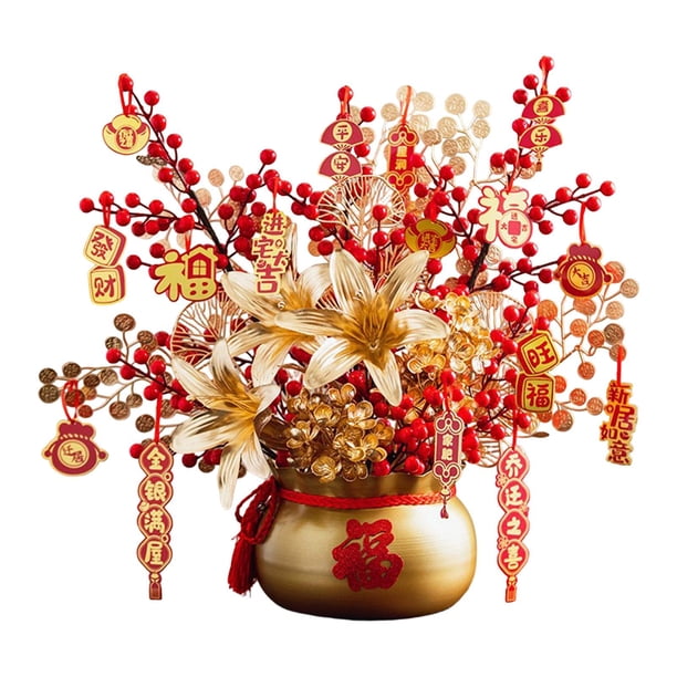 Adorno de Año Nuevo Chino, bonsái artificial, decoración de mesa, ramas de frutos rojos Oro
