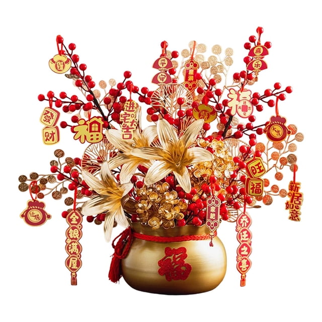 Bonsái artificial en un cubo de bendición, decoración de Año Nuevo chino, artificial Oro