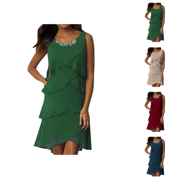 Tiered Chiffon Dresses for Women Summer Casual Sleeveless Scoop Neck Flowy Midi Dress Dresses