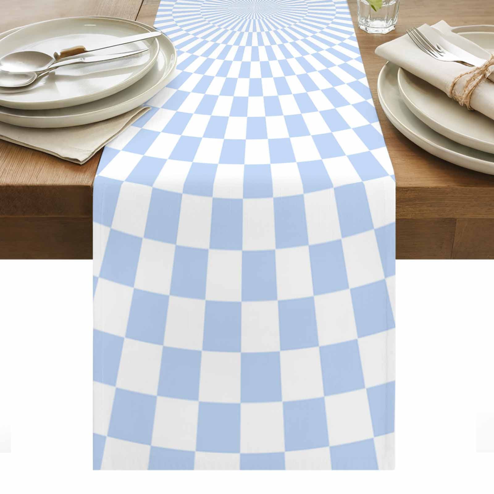 Light Blue White Plaid Table Runner Simple Plaid Textured Country Cotton Linen Table Cloth Tablerunner for Kitchen Dining Party Wedding Home Decor 13x60 Inch