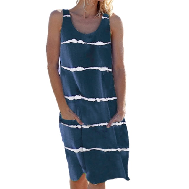 Innerwin Tunique Robe Midi Rayée Imprimée Robes Débardeurs pour Femmes Col Rond Ample Robe d'Été Bleu Marine 5TG