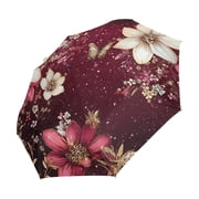 YAZAOO One-Touch Auto Open Close Rain Umbrella With Creative Blossoms and Butterflies on Burgundy Pattern