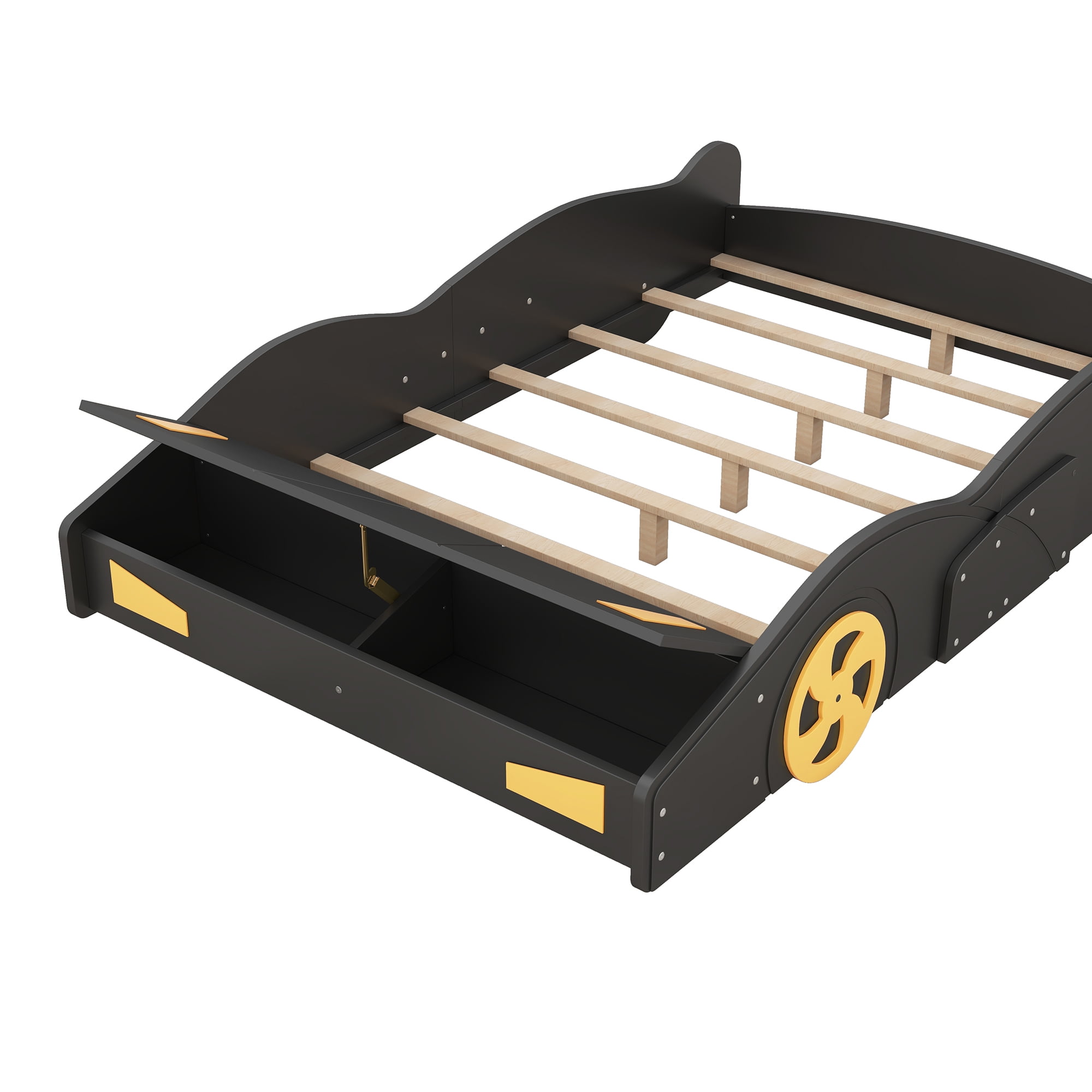 CZBZ Full Size Race Car-Shaped Platform Bed with Wheels & Storage, Solid Pine Wood Bed with Safety Rails, No Box Spring Needed, 400LBS Capacity, Fun Bedroom Furniture for Boys & Teens, Noise Free