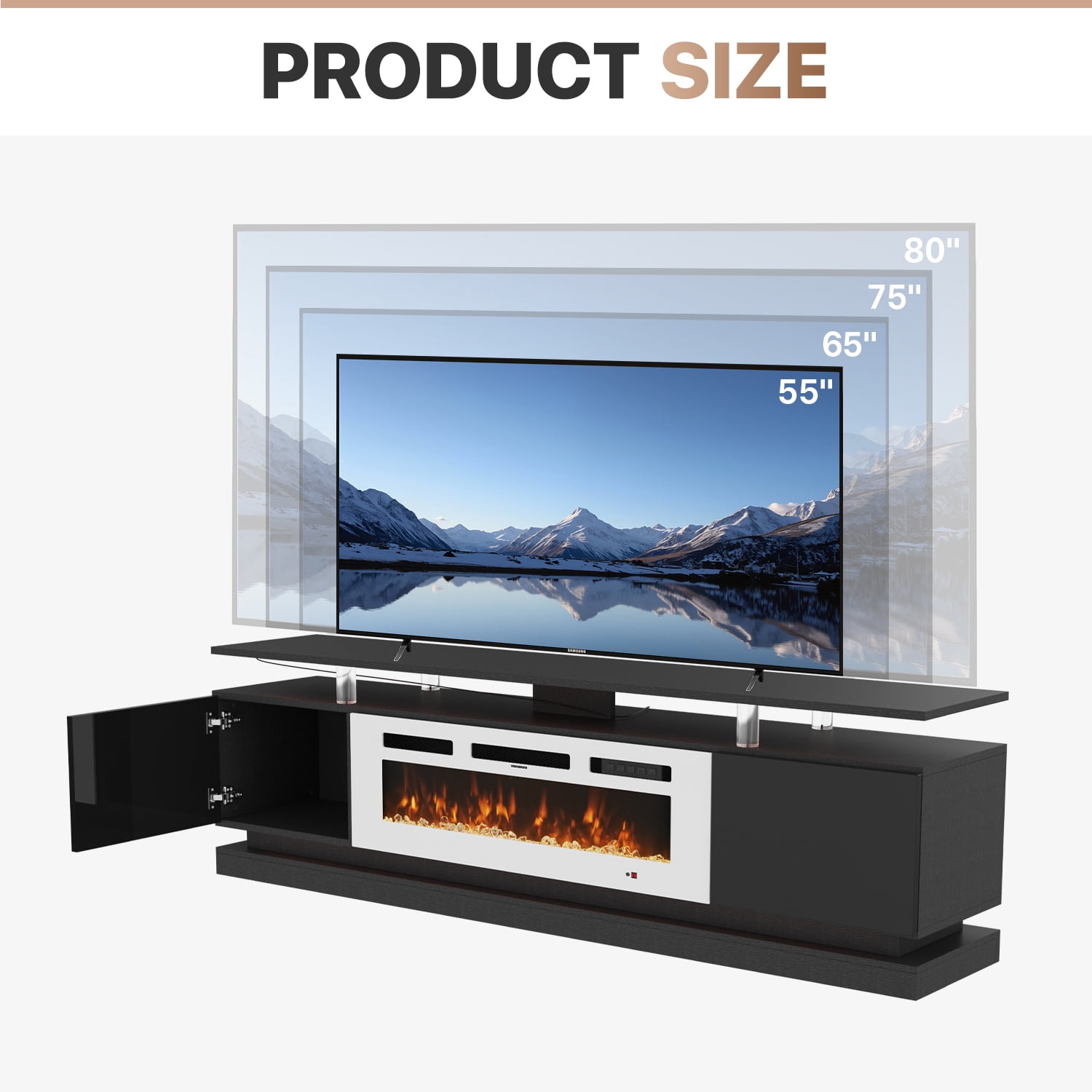Sonegra Modern Fireplace TV Stand for TVs Up to 80" with Music Sync LED, 70" Entertainment Center with Electric Fireplace, TV Console with Storage Cabinets for Living Room, Black