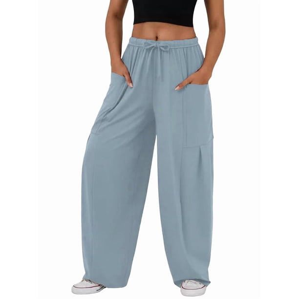 Pantalones Bombachos Holgados de para Mujer, Pantalones Casuales de Verano con Cordón, Ropa de Viaje con Bolsillos 2025 Azul Gris L