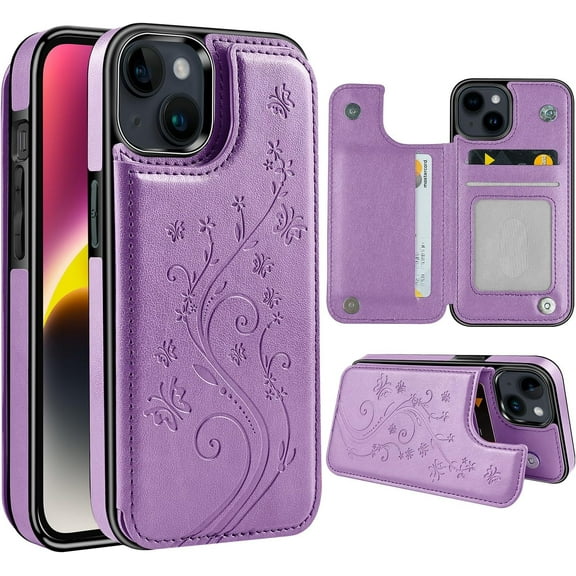 for iPhone 15 Plus Butterfly Leather Series Wallet Case with Card Holder Double Magnetic Clasp Back Flip Protective Cover Fits iPhone 15 Plus,Purple