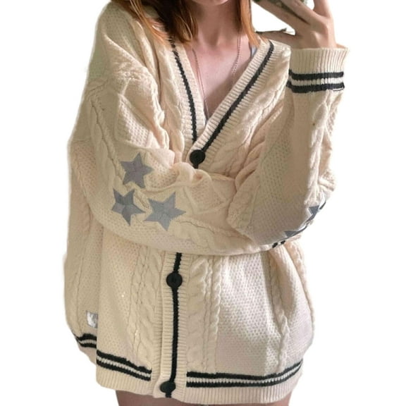 Cardigan for Women Star Print Cable Knit Cardigan Sweater Button Down V Neck Open Front Casual Sweater Alsol Lamesa