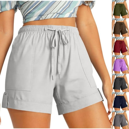 HVOBTTY Summer Women s Casual Elastic Waist Solid Color Front with Pockets Comfortable Shorts Silver XXXXXL