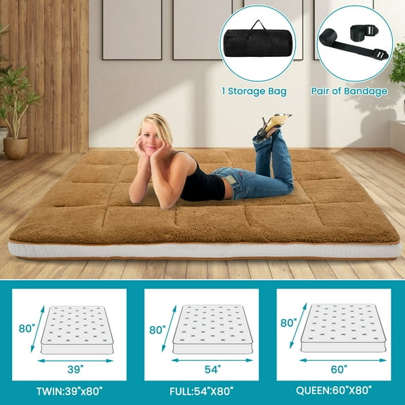 NAIZEA 1 PACK Japanese Floor Mattress, Upgraded Extra Thick Futon Mattress, Foldable Roll Up Sherpa Fleece Sleeping Pad with Bandage and Storage Bag, Twin, Khaki