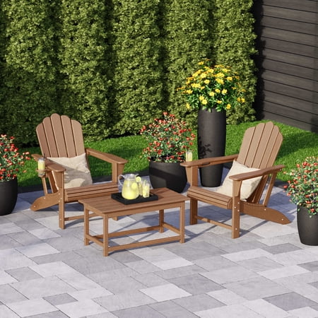 WestinTrends Highland 3-Piece Adirondack Chairs with Cup Holders and Coffee Table Set Teak
