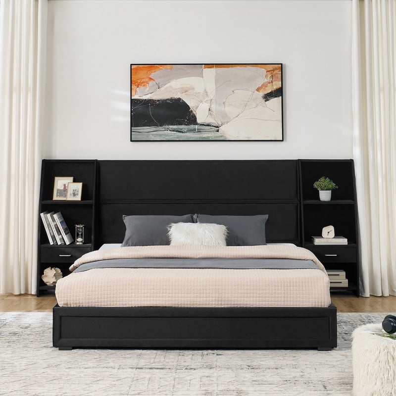 Queen/King Size Modern Upholstered Platform Bed Frame, Velvet Storage Bed with Headboard, Side Bookcases & Drawers Nightstand