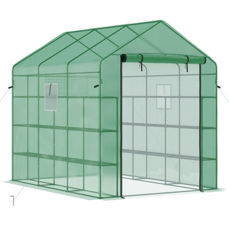 Washure 8'x6'x7' Large Walk-In Portable Garden Greenhouse, 18 Multi-Layer Storage Shelves, Roll-Up Zipper Door, UV Protective White PE Cover