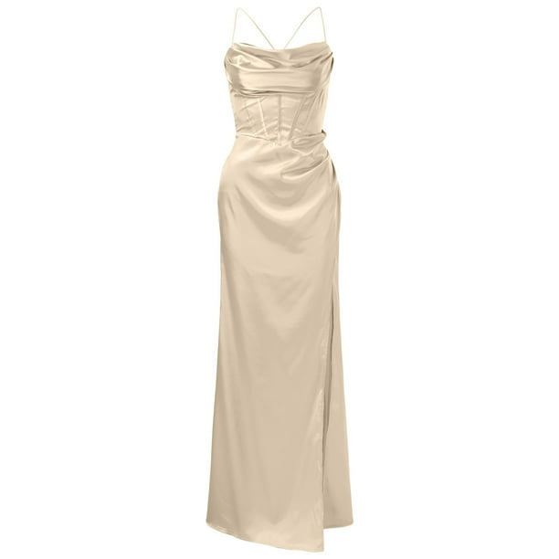 fitted lace wedding dress Beige Satin Maxi Dress main image 0