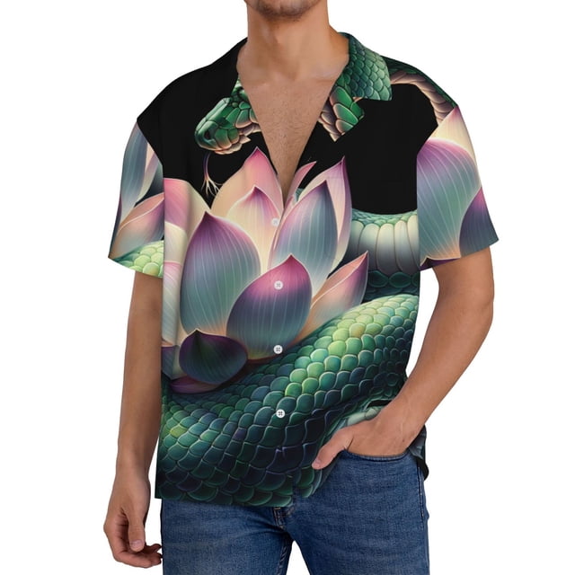 Balery Snake Holding A Lotus Camisa Casual de Manga Corta con Botones para Hombre, Texturizada, Estilo Cubano, para Playa, Verano-4X-Large