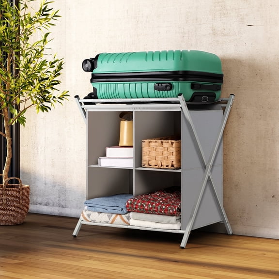 Folding 4-Compartment Storage Organizer - Collapsible Shelf Unit with X-Frame Gray