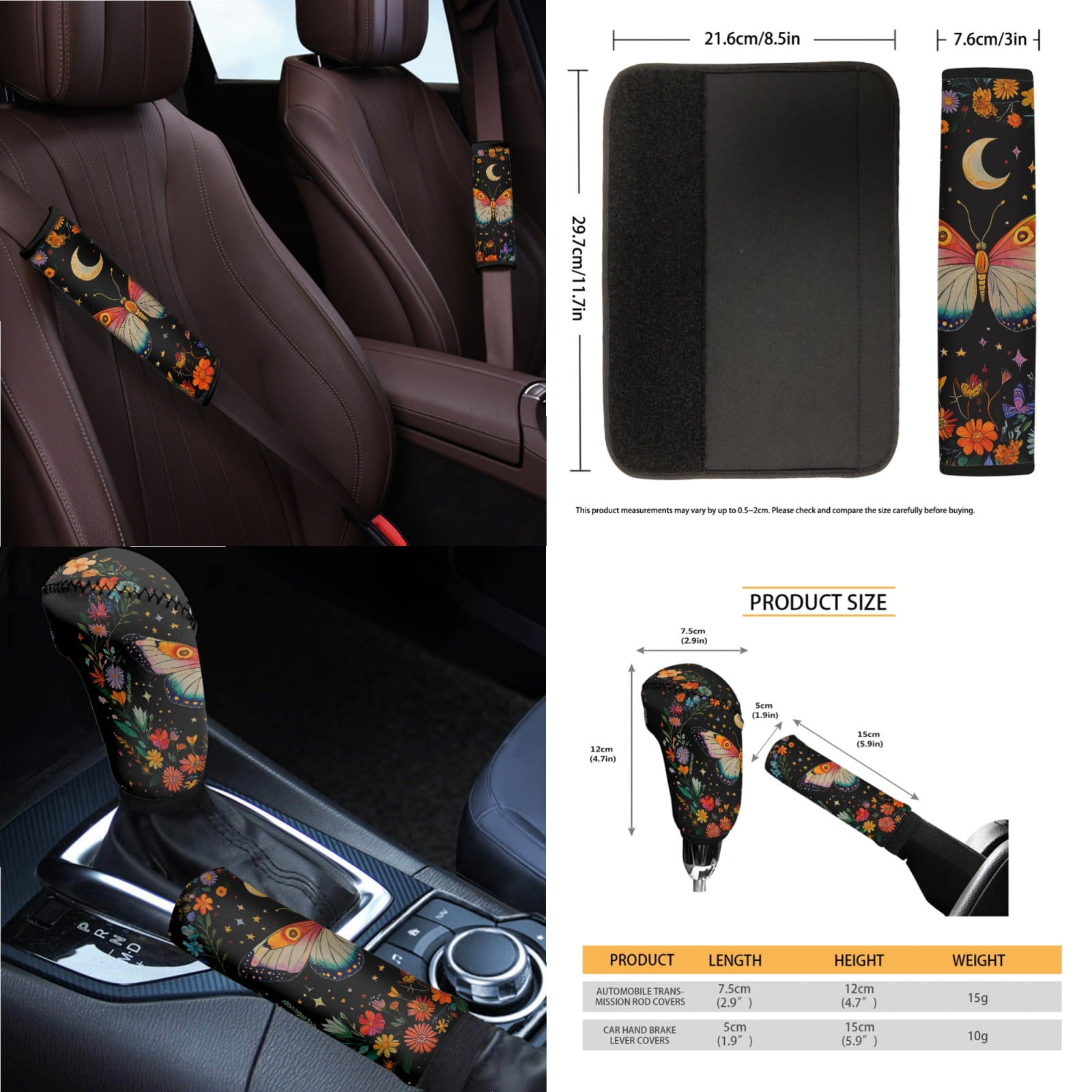 Jeiento Butterfly Car Accessories Sets 14pcs Car Seat Cover Protector Steering Wheel Cover Seatbelt Pads Auto Armrest Cover Trash Bin Rearview Mirror Cover Handbrake Cover Set Coasters Flowers
