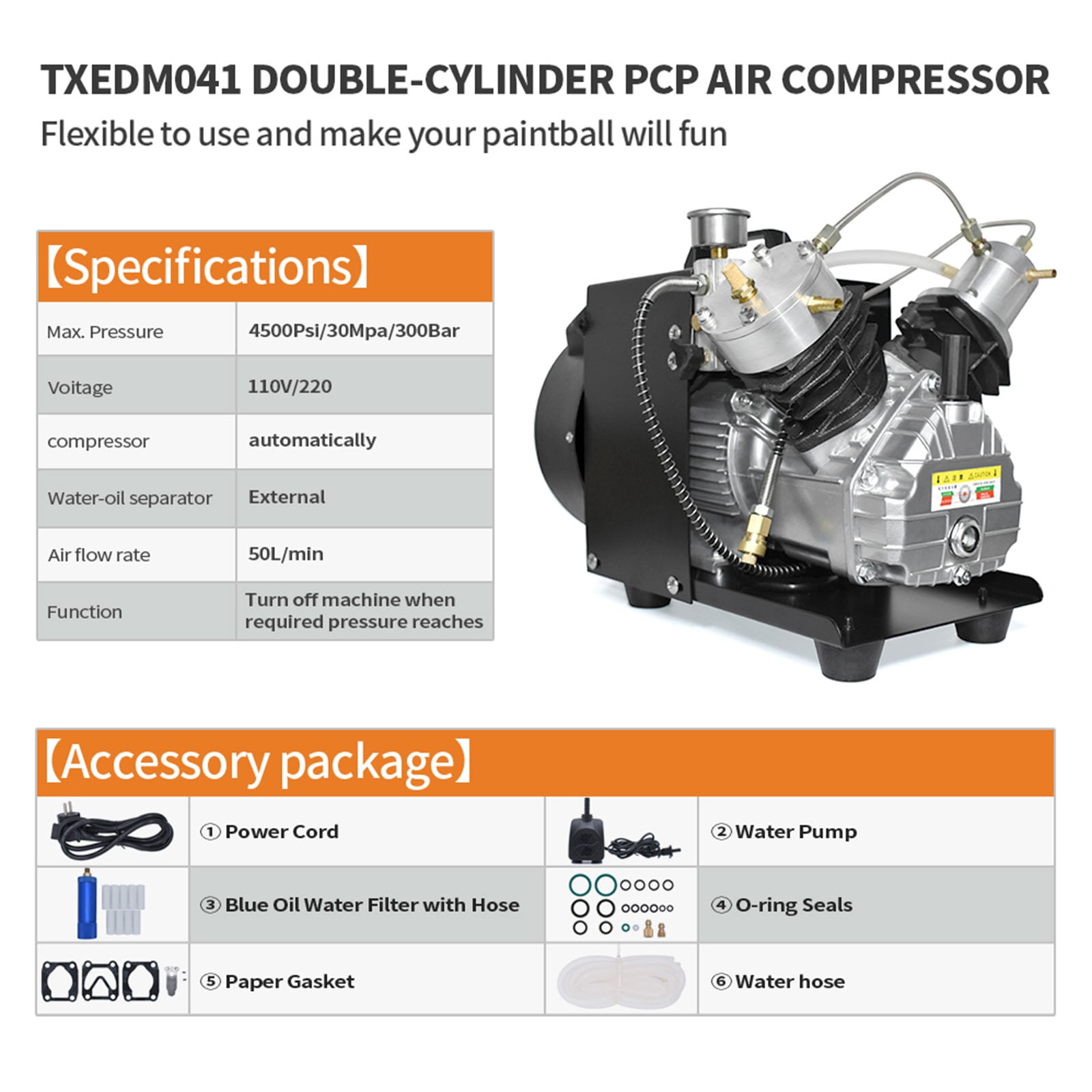 TUXING Pcp Compressor,4500Psi/300Bar/30Mpa,High Pressure Compressor with Double-Cylinder Mini Portable Air Compressor for Scuba Tank Pcp Air Rifle Paintball Gun Inflation