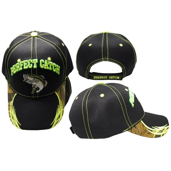 Perfect Catch Bass Fish Black Adjustable Embroidered Baseball Cap Hat