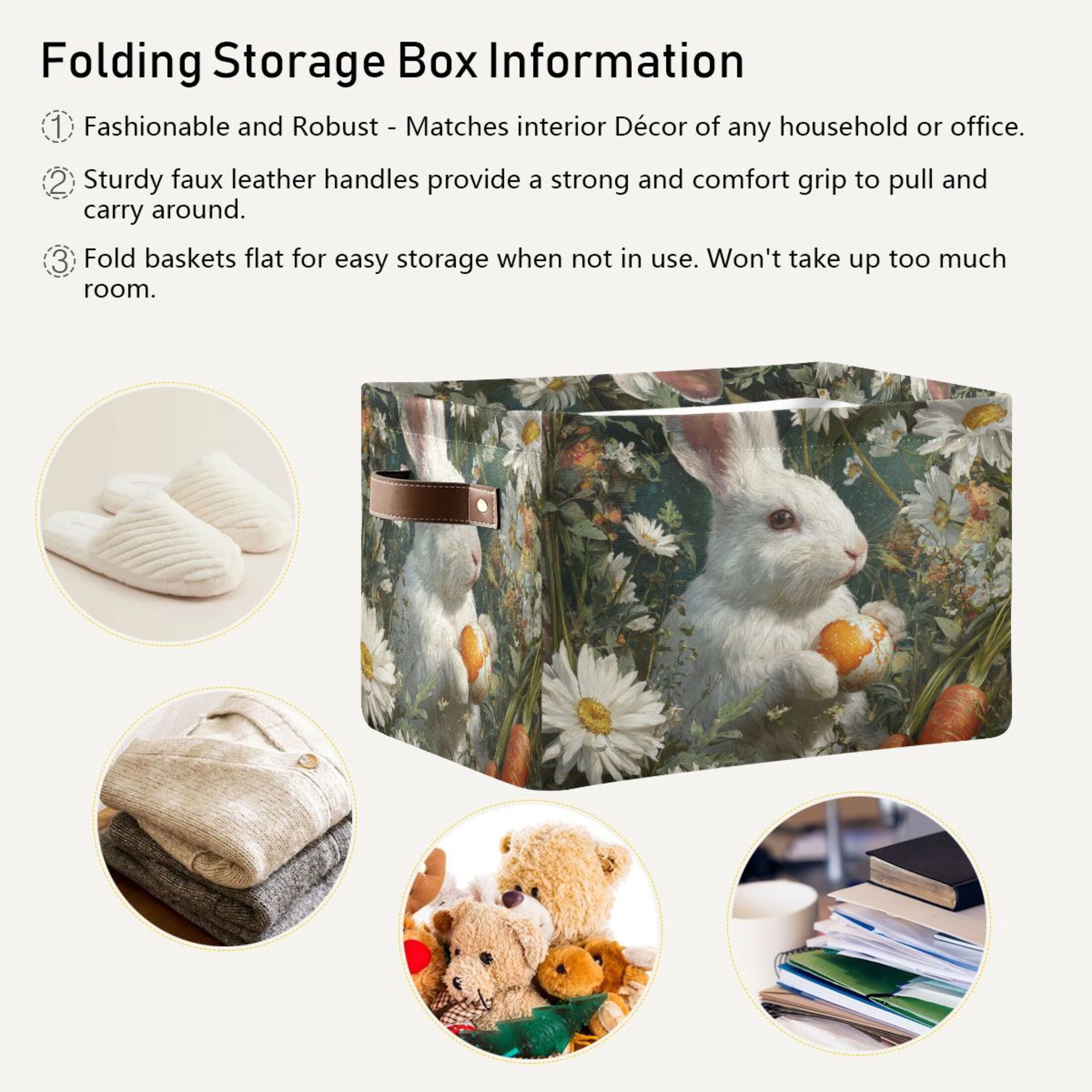 2PCS Square Storage Basket Home Storage Bins Bedroom Storage Basket Closet Storage Fashionable and Durable Cute Rabbit Easter