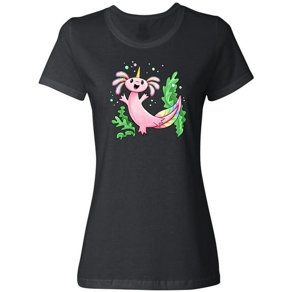 Inktastic Axolotl Unicorn with Rainbow Tail, Bubbles and Seaweed. Women's T-Shirt