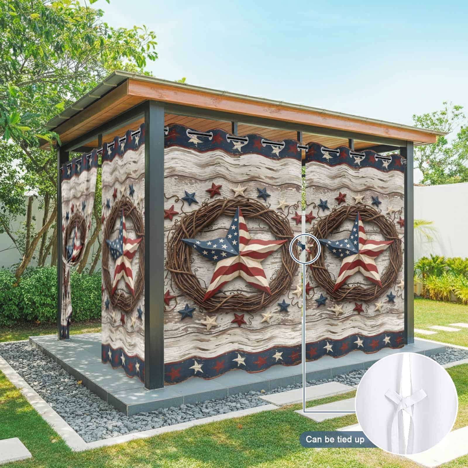 Independence Day Outdoor Curtains for Patio, Usa Flag Stars Vine Wreath Rustic Wood Grain Sunshade Privacy Drapes Grommet Waterproof Outside Curtains for Porch/Cabana/Balcony 54"x 108", 1 Panel