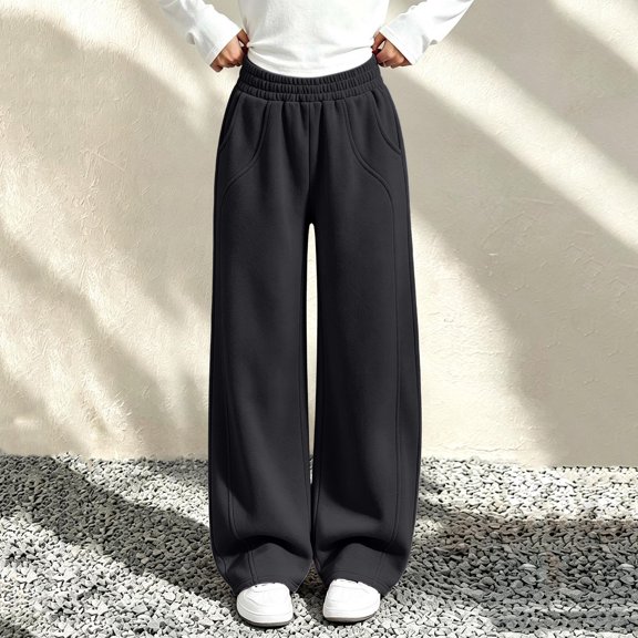 LUGOGNE Girls Wide Leg Sweatpants with Pockets - Comfortable Relaxed Fit Elastic Waist Casual Pants Fall Winter Kids Clothing Black,Size 7
