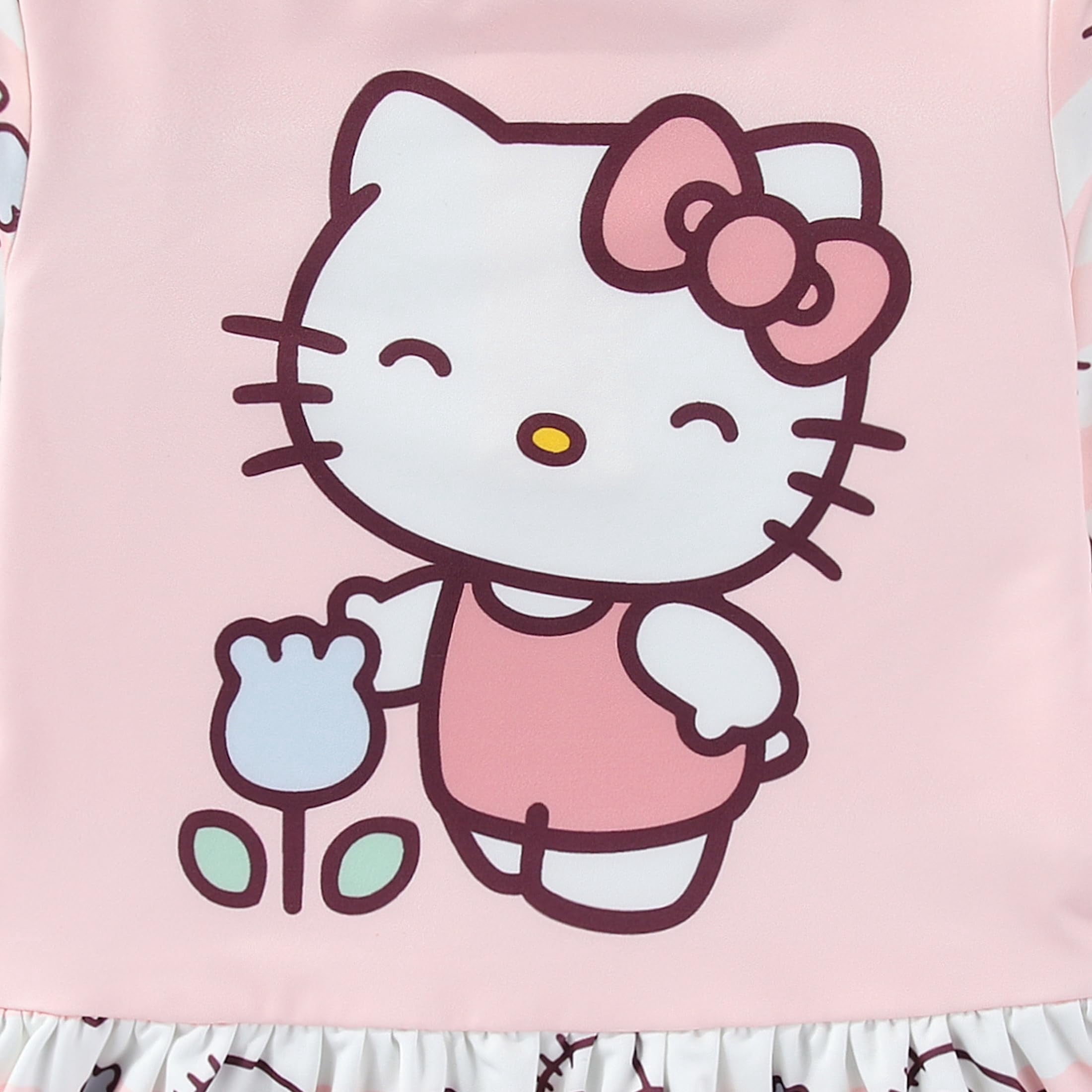 Hello Kitty Sanrio UPF 50+ Long Sleeve Rash Guard and Bikini Bottom Two Piece Swimsuit Set (Girls), Sizes 5-10