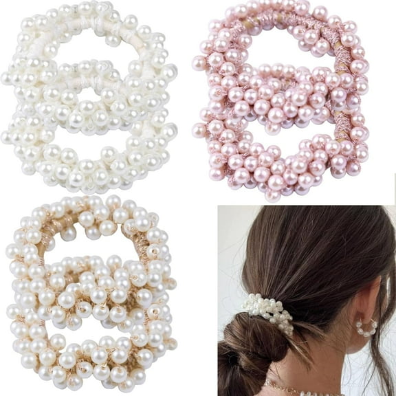 Dalrosia 6PCS Pearl Hair Ties Elastic Hair Scrunchies Fancy Stretchy Rhinestone Hair Bands Bead Ponytail Holders Hair Ropes Hair Accessories for Women and Girls Gift