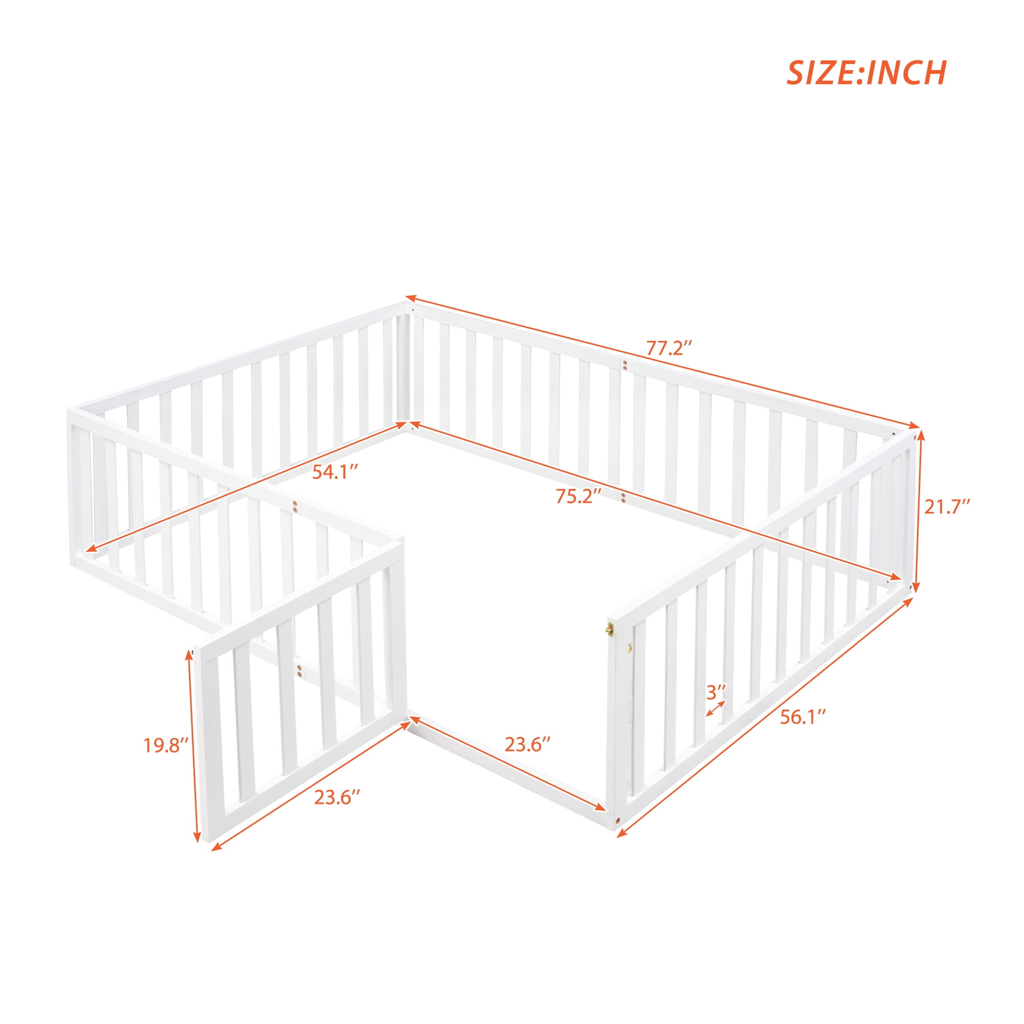 Bellemave Full Size Floor Bed with Fence and Door, Wood Montessori Bed Frame, Floor Bed Frame, Slats Not Included (Full,White)