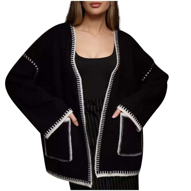 WRKEKC Cardigan Sweaters for Women Solid Color V-Neck Loose Color Block Mid Length Knit Open Front Coat for Fall Styling