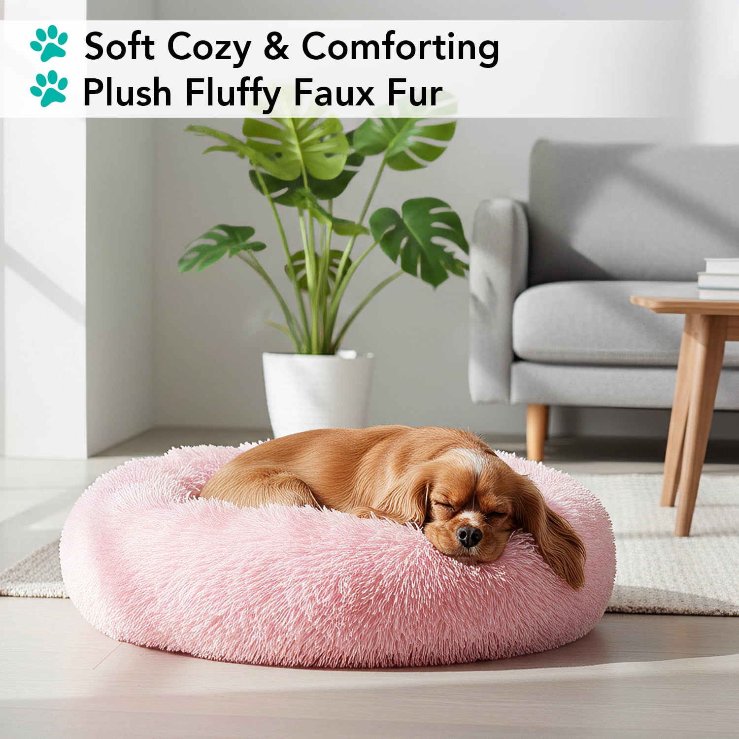 PetAmi Calming Dog Bed for Small & Medium Dogs and Cats, 23 Round Donut Dog Bed, Washable Fluffy Faux Fur Puppy & Cat Bed, Anti-Anxiety Plush Cuddler Pet Bed with Anti-Slip Bottom - Pink